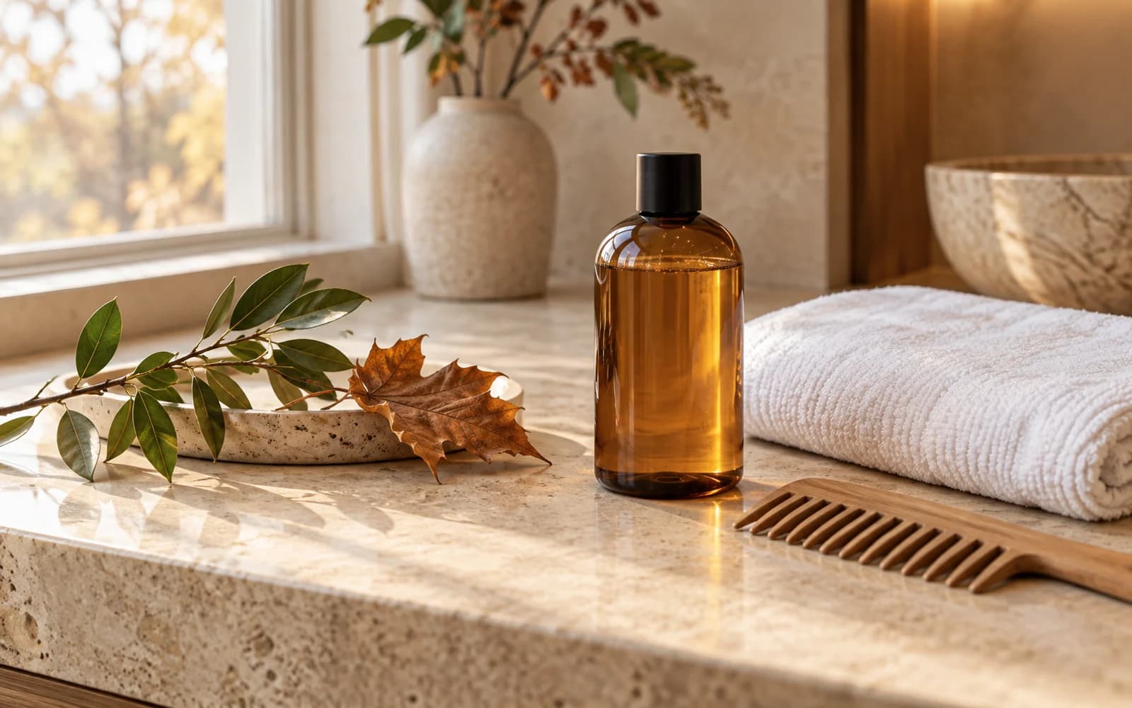 Towel, unlabelled container and comb arranged by a window, illustrating seasonal scalp care