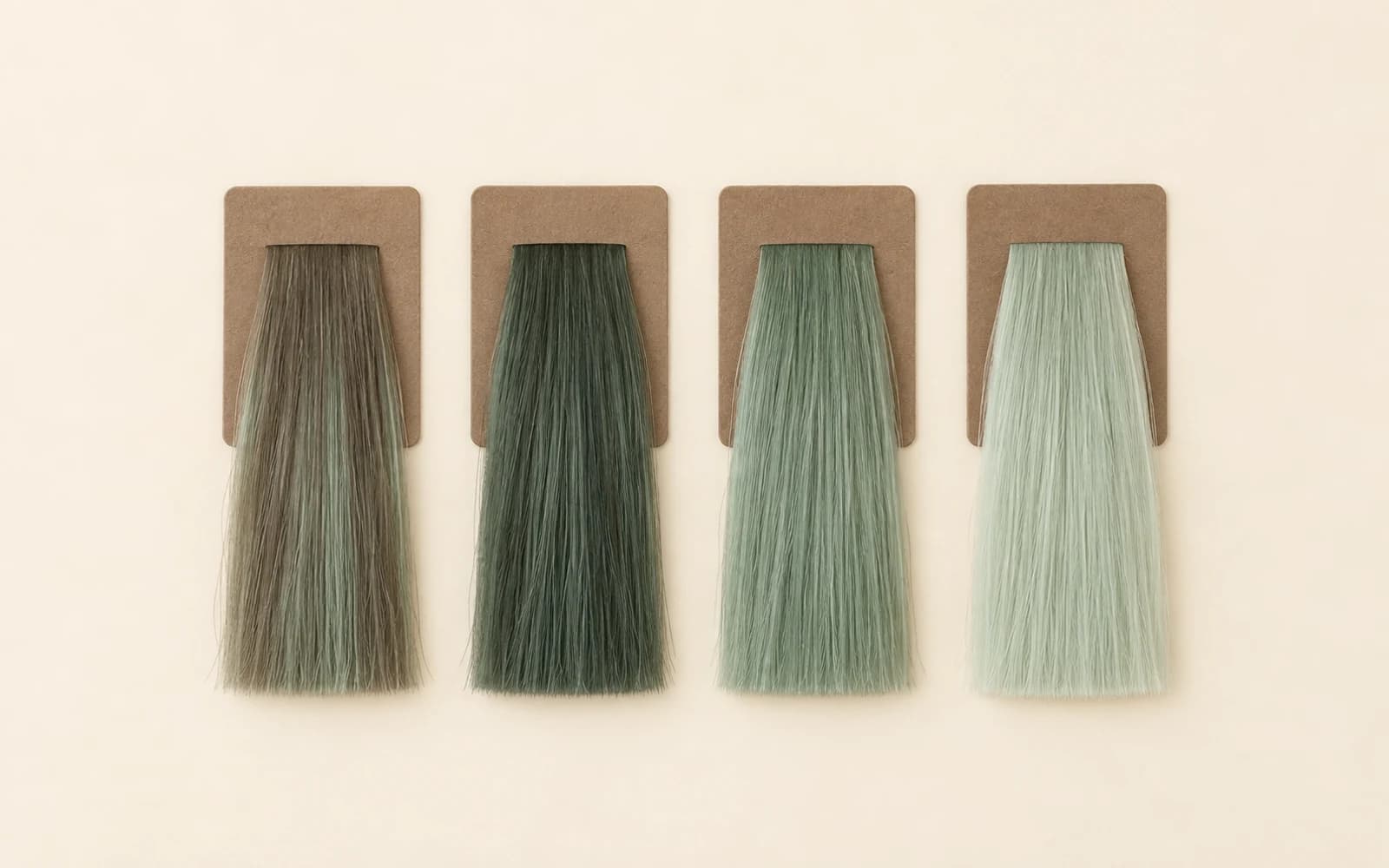 クリーム色の背景に、ブラウンと明るさの異なるミントのヘアカラーサンプルが並んでいます。