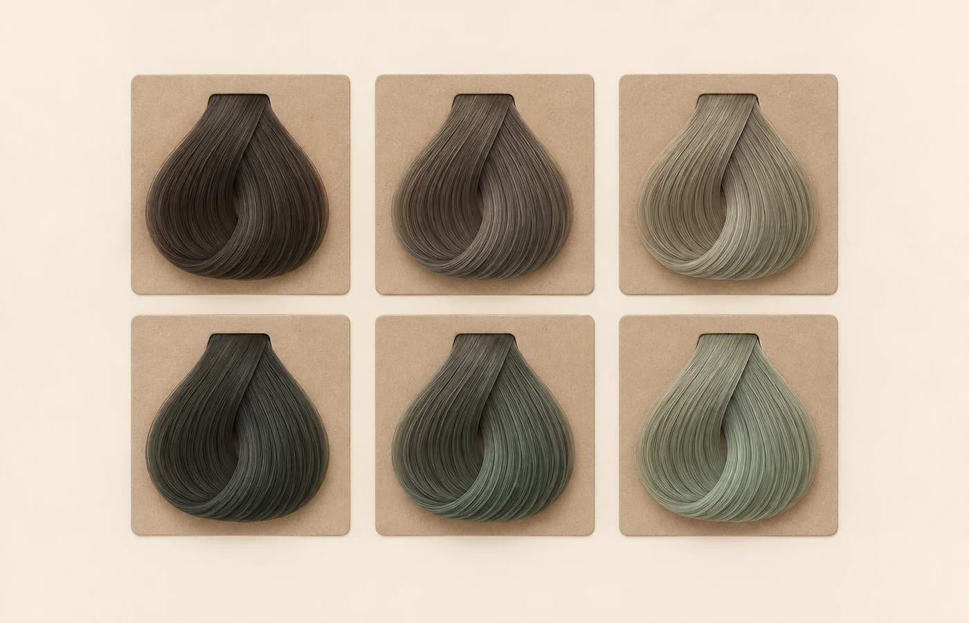Mint hair color swatches are arranged in 2 rows and 3 columns. Lightness varies from left to right, while the intensity of the mint tone differs between the rows.