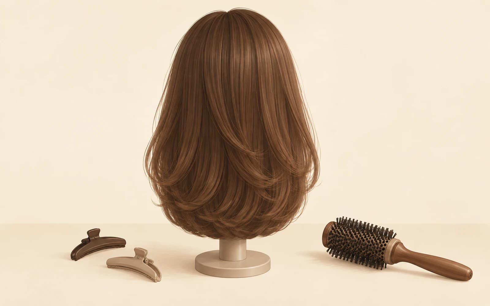 レイヤーヘアのマネキンの横に置かれたロールブラシとヘアクリップ