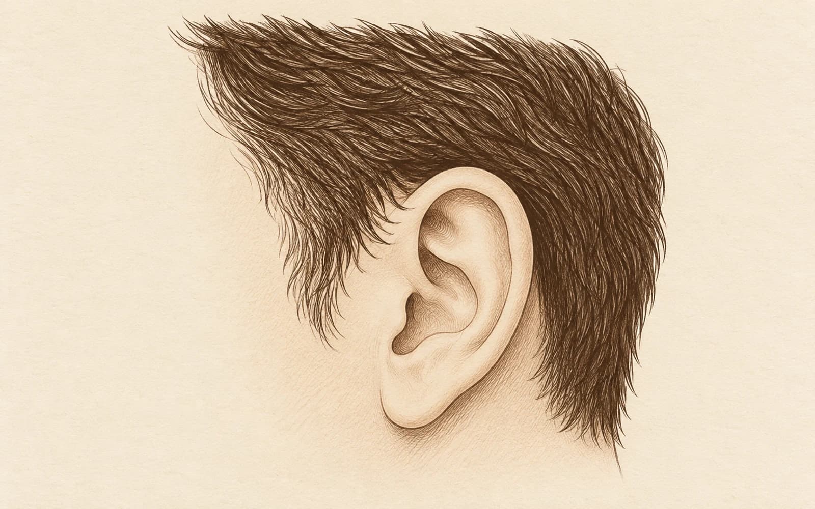 Side-view illustration using brown lines to show the ear, short hair in front of it, and side hair above it