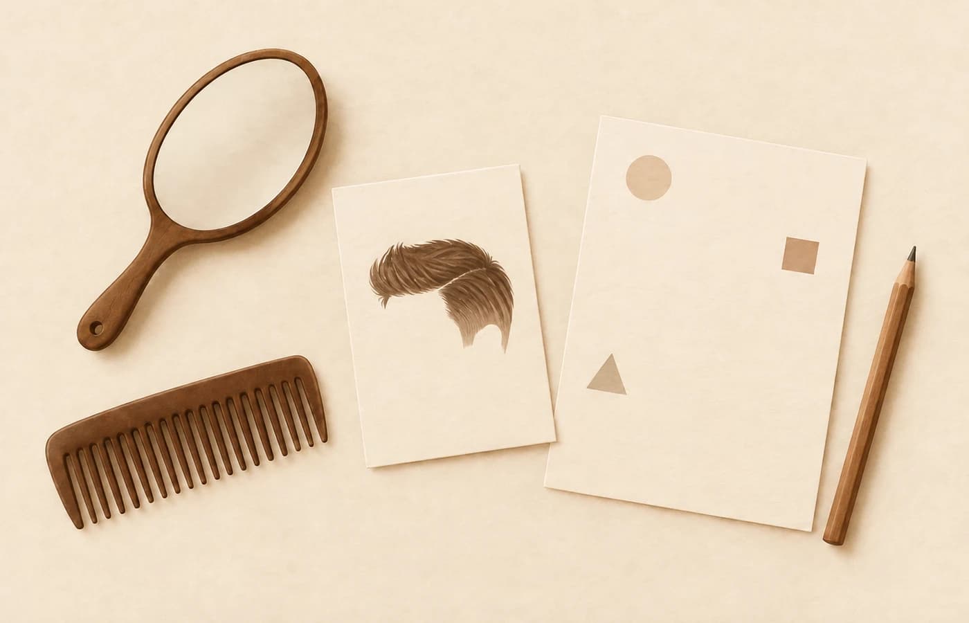 Top-view illustration of a consultation still life with a small mirror, comb, pencil, notes, and hairstyle reference cards